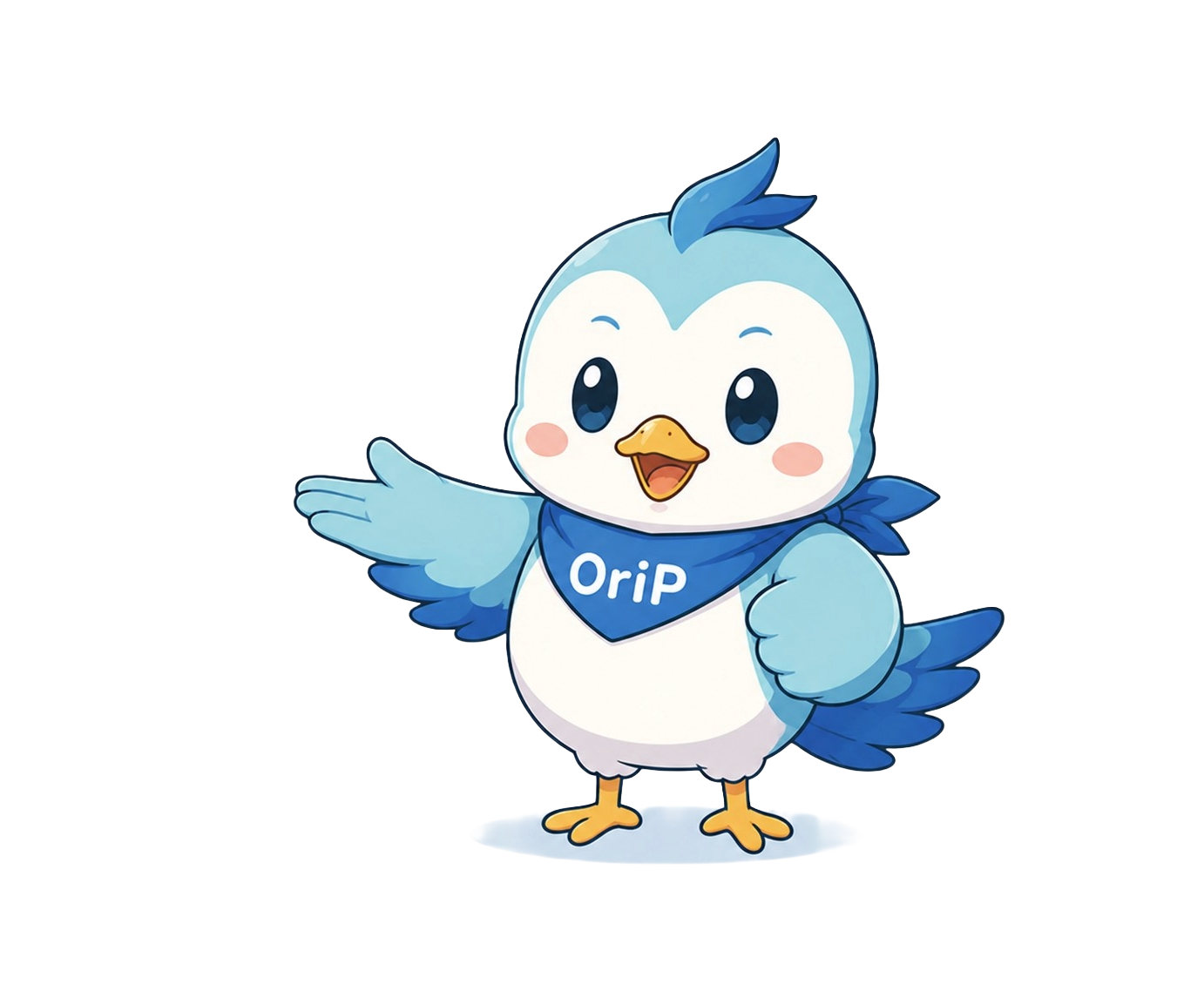 OriPキャラクターが手のひらで案内するポーズ