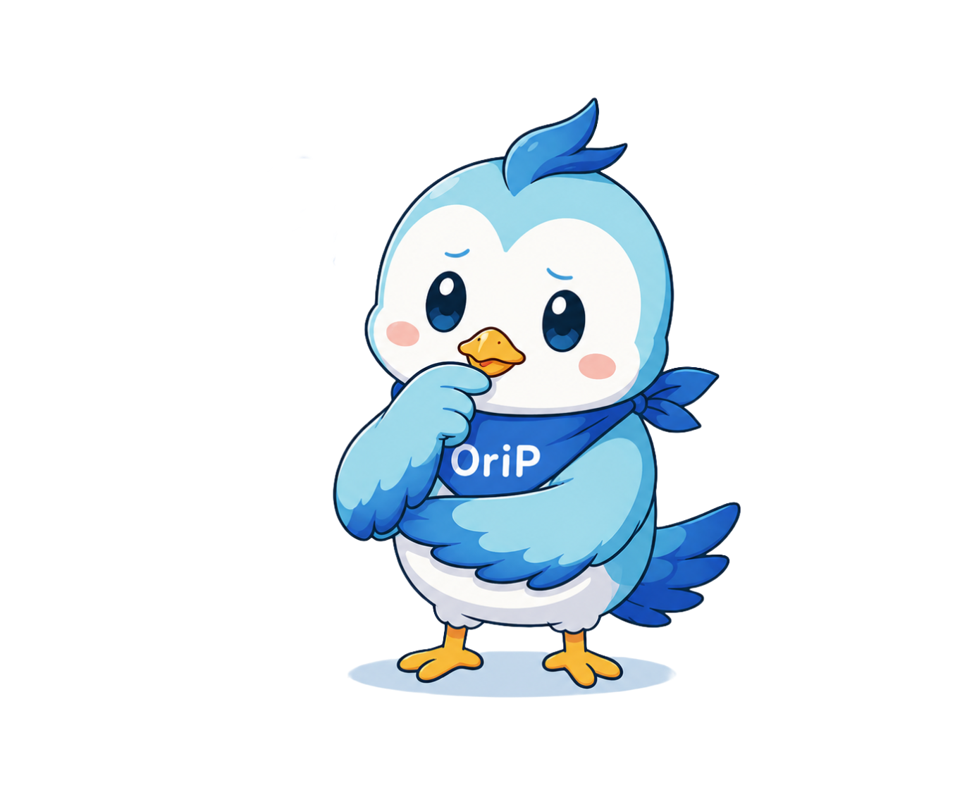 OriPキャラクターが悩み考えるポーズ